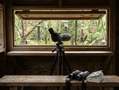 A small bird perches near a bright window while someone watches quietly indoors